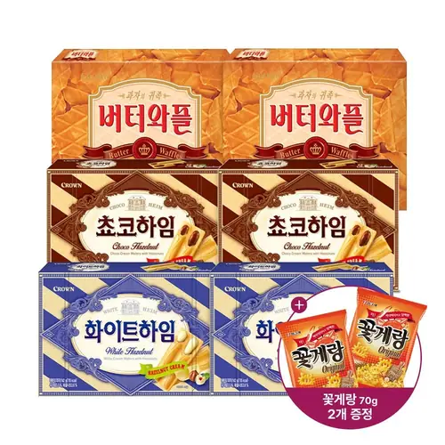 [롯데온] 크라운 버터와플 316g 2개입+초코/화이트하임 142g 2개입 +꽃게랑 2개 증정 (14,940원/무료)